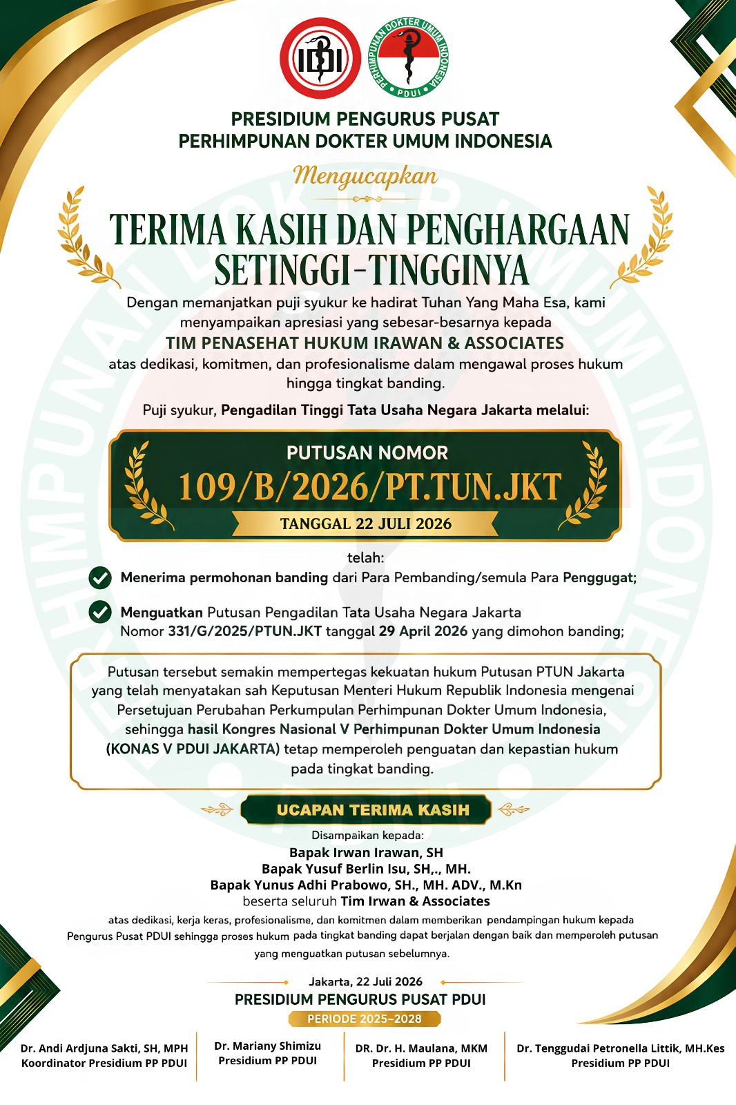 Apresiasi dan Ucapan Terima Kasih Presidium PP PDUI Atas Kemenangan Hukum Putusan PT.TUN